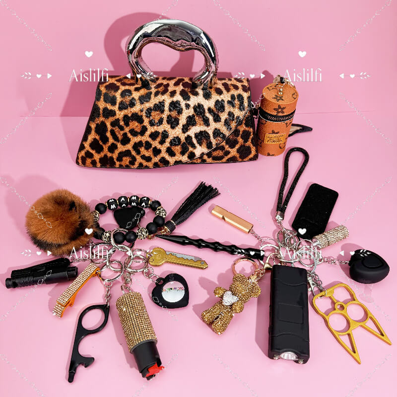 New Fashion Leopard Bag Self Defense Keychain Kit