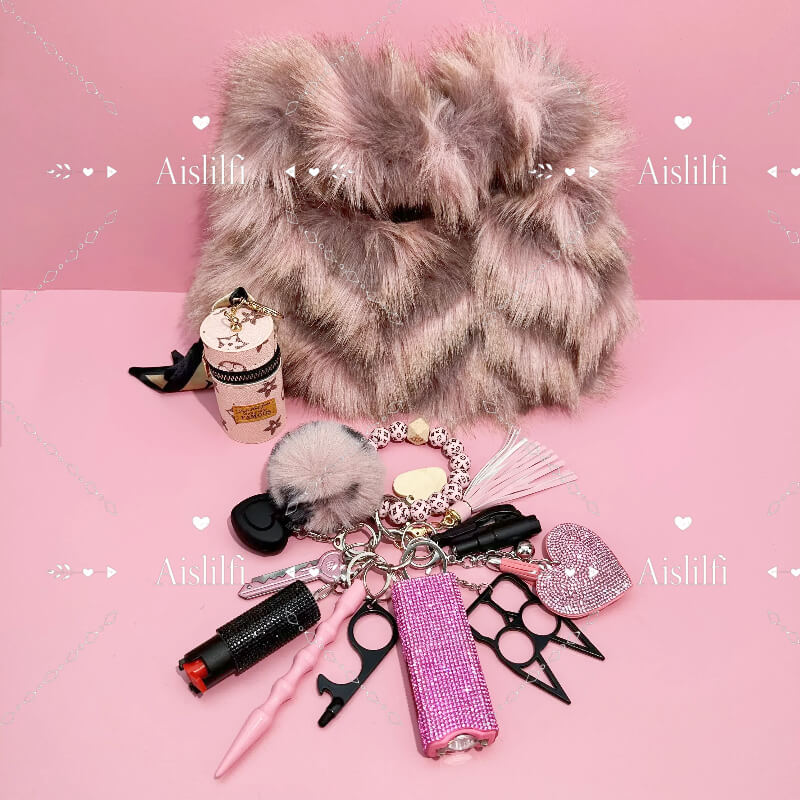 2024 New Style Faux Fox Fur Bag Women's Self Defense Keychain Kit