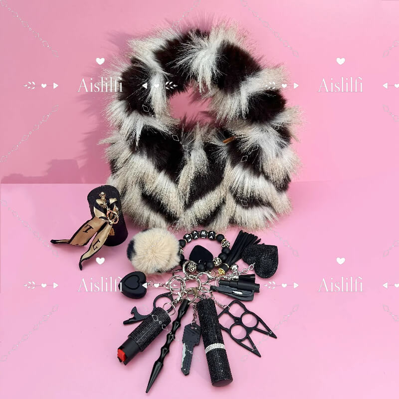 2024 New Style Faux Fox Fur Bag Women's Self Defense Keychain Kit