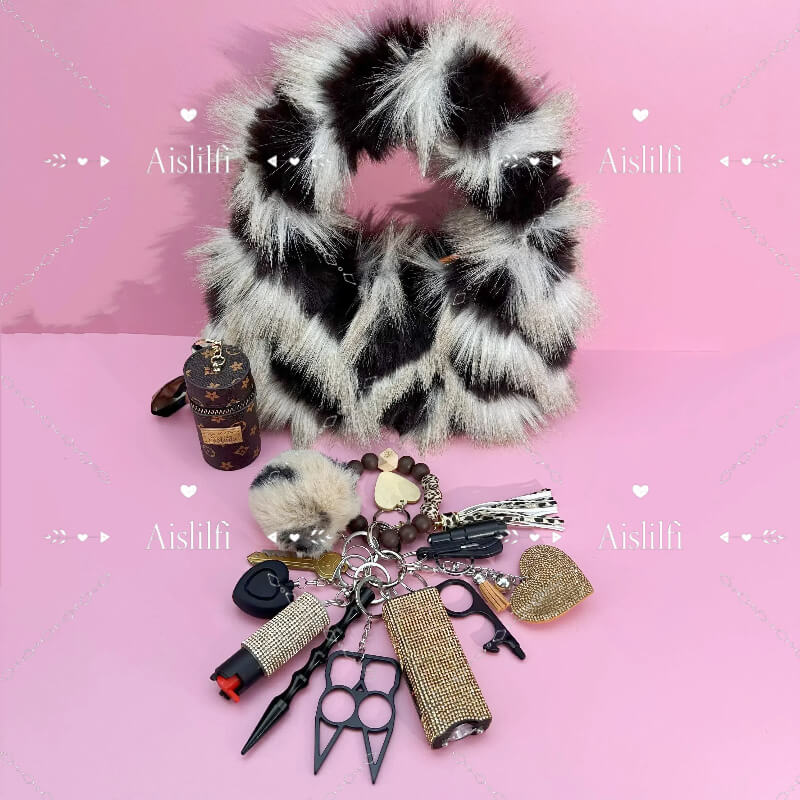 2024 New Style Faux Fox Fur Bag Women's Self Defense Keychain Kit